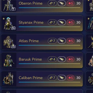 A grid of owned Warframes with rank, forma and reactor badges