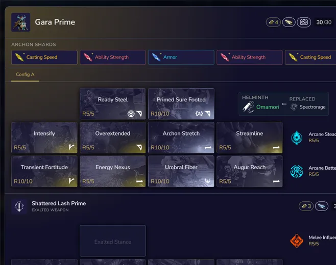 The configuration view for a Warframe, showing mods, a Riven and Archon Shards