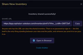 The share dialog, with a generated URL and an Open in Browser button